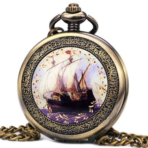 Planet Gates BROWN F Pocket Watch Mechanical Skeleton Dial Ancient Sailing Boat Flowers Carved Lid Pendant Chain Gift