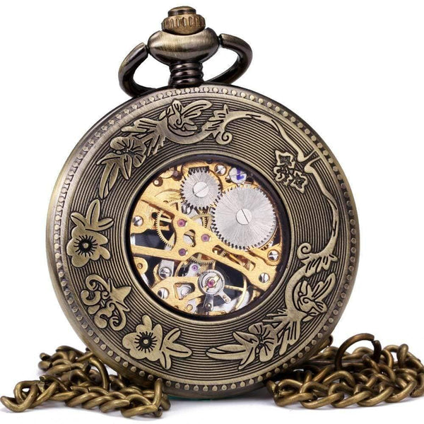 Planet Gates BROWN F Pocket Watch Mechanical Skeleton Dial Ancient Sailing Boat Flowers Carved Lid Pendant Chain Gift