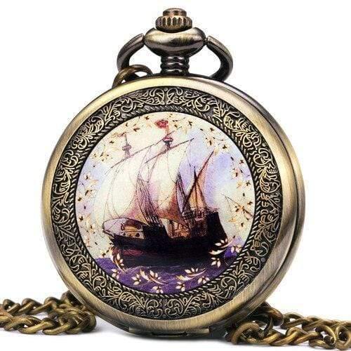 Planet Gates BROWN F Pocket Watch Mechanical Skeleton Dial Ancient Sailing Boat Flowers Carved Lid Pendant Chain Gift