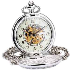 Planet Gates BROWN F Pocket Watch Mechanical Skeleton Dial Ancient Sailing Boat Flowers Carved Lid Pendant Chain Gift