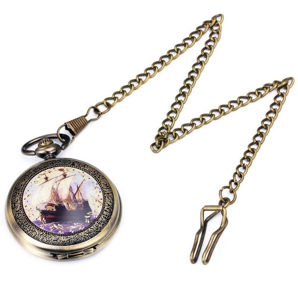 Planet Gates BROWN F Pocket Watch Mechanical Skeleton Dial Ancient Sailing Boat Flowers Carved Lid Pendant Chain Gift
