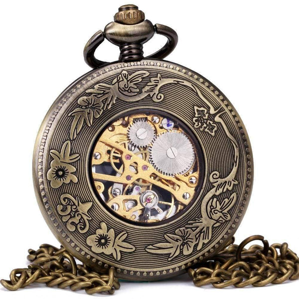 Planet Gates BROWN F Pocket Watch Mechanical Skeleton Dial Ancient Sailing Boat Flowers Carved Lid Pendant Chain Gift