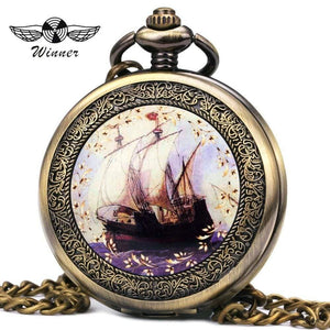 Planet Gates BROWN F Pocket Watch Mechanical Skeleton Dial Ancient Sailing Boat Flowers Carved Lid Pendant Chain Gift