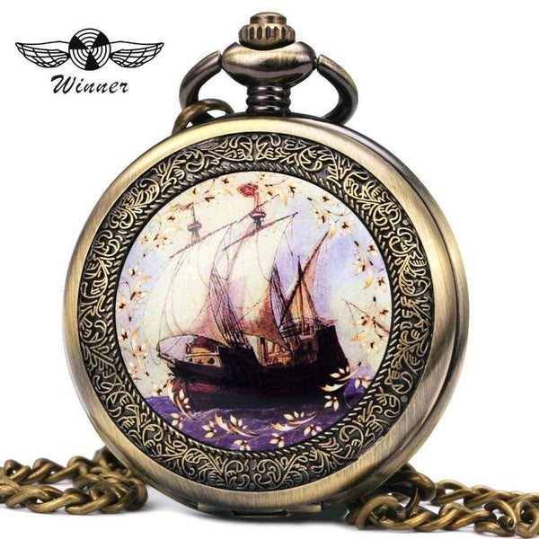 Planet Gates BROWN F Pocket Watch Mechanical Skeleton Dial Ancient Sailing Boat Flowers Carved Lid Pendant Chain Gift