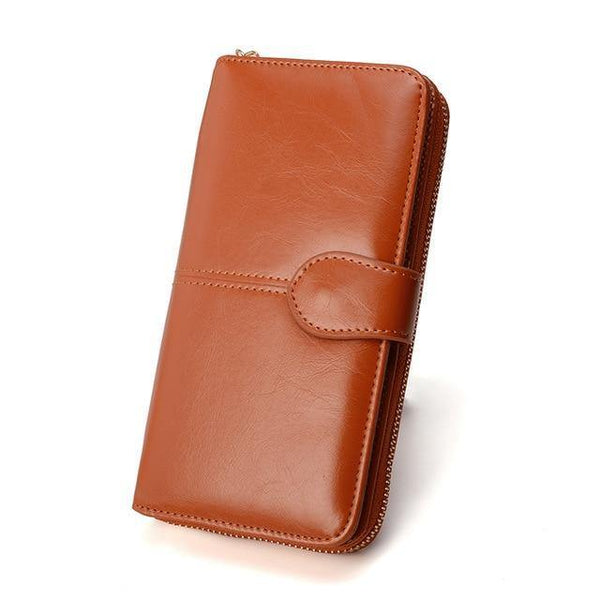 Planet Gates Brown Female Purse Women Leather Wallet Long Trifold Coin Purse Card Holder Money Clutch Wristlet Multifunction Zipper