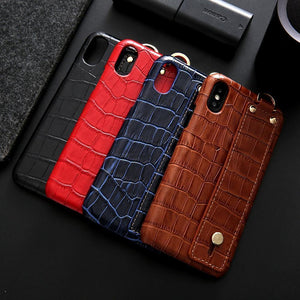Planet Gates brown / For iPhone XS Max iPhone XS Leather Case Luxury Crocodile Pattern Hand Strap Genuine Leather Back Phone Case Cover for iPhone XS Max XS XR 7 8