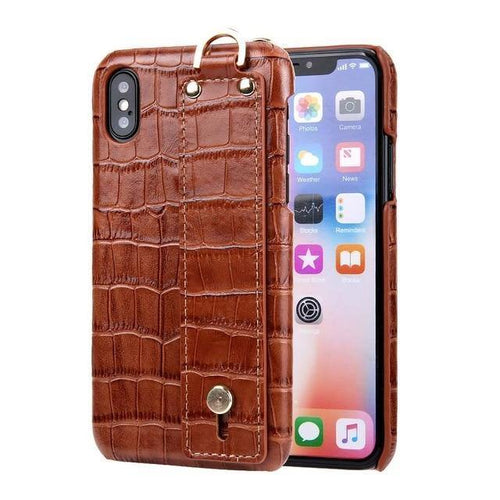 Planet Gates brown / For iPhone XS Max iPhone XS Leather Case Luxury Crocodile Pattern Hand Strap Genuine Leather Back Phone Case Cover for iPhone XS Max XS XR 7 8