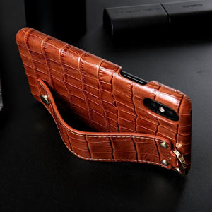 Planet Gates brown / For iPhone XS Max iPhone XS Leather Case Luxury Crocodile Pattern Hand Strap Genuine Leather Back Phone Case Cover for iPhone XS Max XS XR 7 8