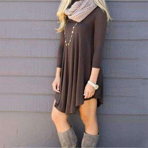 Planet Gates Brown / L 2018 Autumn Casual Loose Knitting Dress Women Solid O-Neck Long Sleeve Asymmetrical Hem Comfortable Dress Plus Size