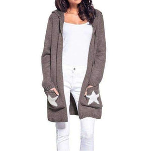 Planet Gates Brown / L Hooded long sweater cardigan female Casual pockets loose autumn coat 2018 Winter sexy stars women outwear