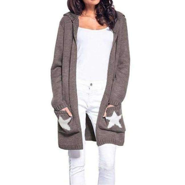 Planet Gates Brown / L Hooded long sweater cardigan female Casual pockets loose autumn coat 2018 Winter sexy stars women outwear