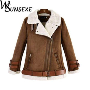 Planet Gates Brown / L Leather Suede Jacket Coat Women New Winter Warm Lamb Wool Zipper Stand Collar Black Motorcycle Jackets Thick Bomber Outwear