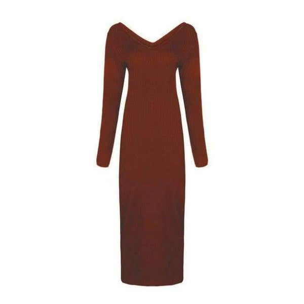Planet Gates brown / L LOSSKY Autumn Winter Knitted Bodycon Maxi Dress Sexy Long Sleeve V Neck Women Elegant Slim Women Fashion Warm Long Dresses 2018