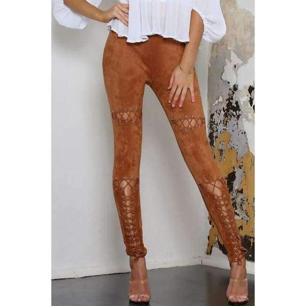 Planet Gates Brown / L Suede Leather Pants 2018 New Autumn High Waist Lace Up Stretch Skinny Bodycon Pencil Leggings Pants Bandage Pants Women
