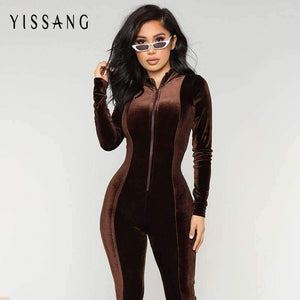 Planet Gates Brown / L Velvet Long Bodycon Autumn Winter Rompers Womens Jumpsuit Sexy Elegant Brown Long Sleeve Jumpsuits For Women 2018