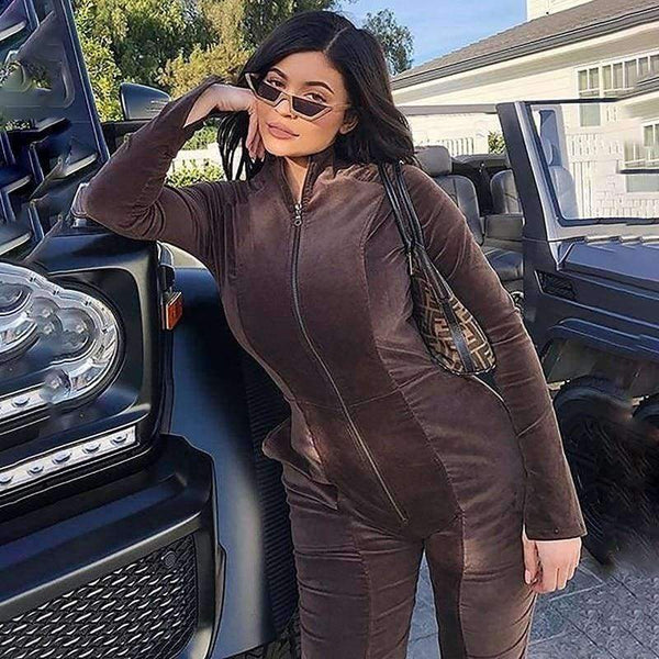 Planet Gates Brown / L Velvet Long Bodycon Autumn Winter Rompers Womens Jumpsuit Sexy Elegant Brown Long Sleeve Jumpsuits For Women 2018