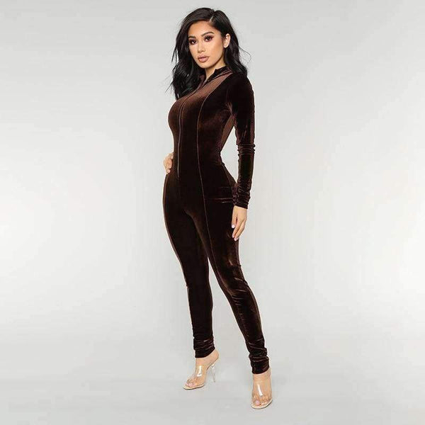 Planet Gates Brown / L Velvet Long Bodycon Autumn Winter Rompers Womens Jumpsuit Sexy Elegant Brown Long Sleeve Jumpsuits For Women 2018