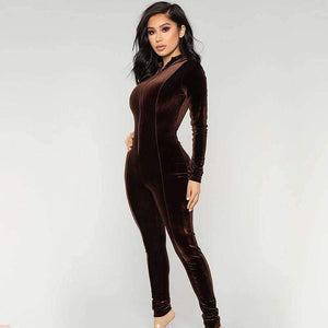 Planet Gates Brown / L Velvet Long Bodycon Autumn Winter Rompers Womens Jumpsuit Sexy Elegant Brown Long Sleeve Jumpsuits For Women 2018