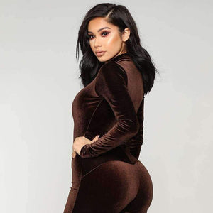 Planet Gates Brown / L Velvet Long Bodycon Autumn Winter Rompers Womens Jumpsuit Sexy Elegant Brown Long Sleeve Jumpsuits For Women 2018