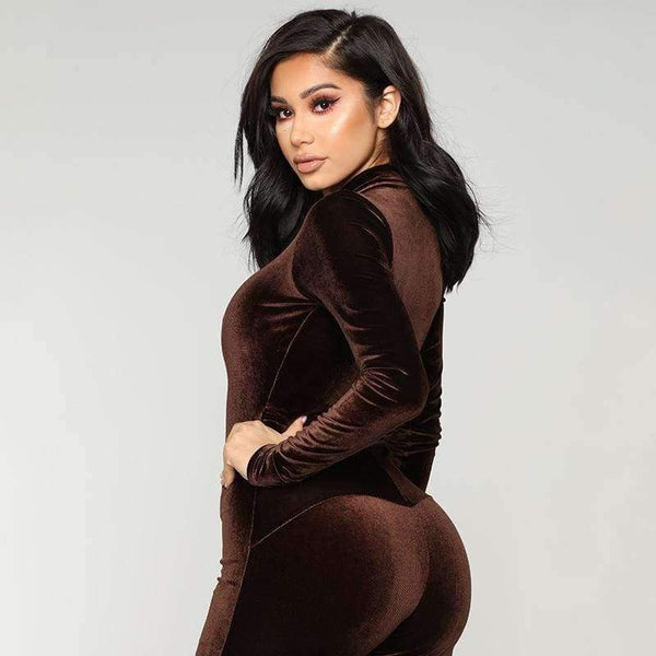 Planet Gates Brown / L Velvet Long Bodycon Autumn Winter Rompers Womens Jumpsuit Sexy Elegant Brown Long Sleeve Jumpsuits For Women 2018