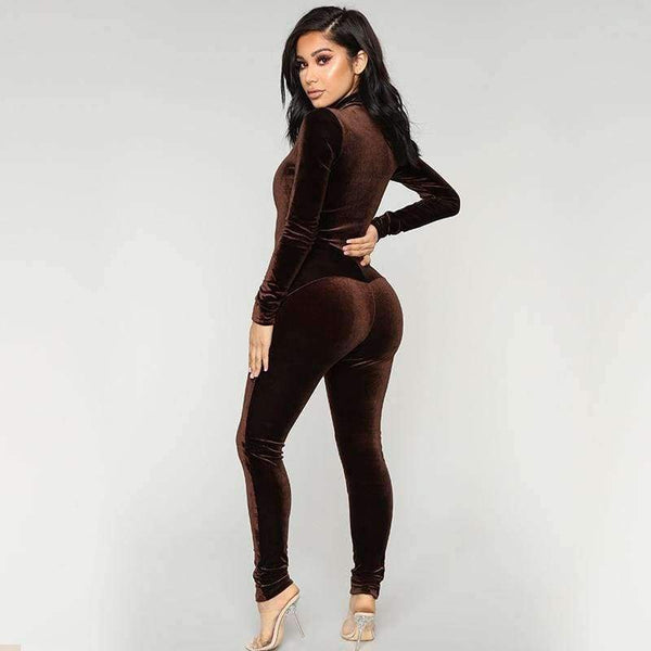 Velvet Long Bodycon Autumn Winter Rompers Womens Jumpsuit Sexy Elegant Brown Long Sleeve Jumpsuits For Women 2018