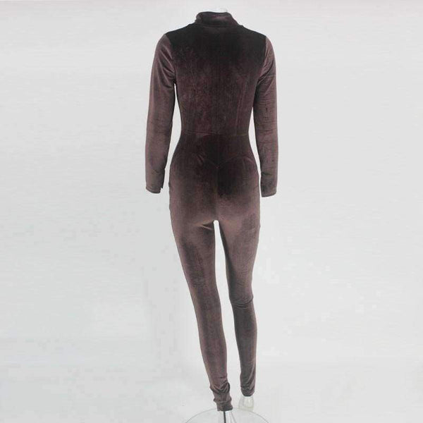 Velvet Long Bodycon Autumn Winter Rompers Womens Jumpsuit Sexy Elegant Brown Long Sleeve Jumpsuits For Women 2018