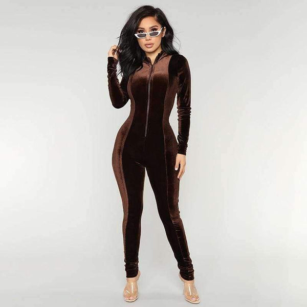 Planet Gates Brown / L Velvet Long Bodycon Autumn Winter Rompers Womens Jumpsuit Sexy Elegant Brown Long Sleeve Jumpsuits For Women 2018