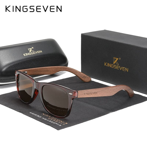 Planet Gates Brown Leather case / China / Original Polarized KINGSEVEN New Black Walnut Sunglasses Wood Polarized Sunglasses Men's Glasses Handmade UV400 Protection Eyewear Retro Wooden Box