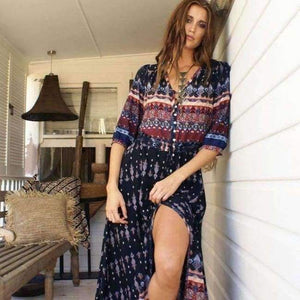 Planet Gates Brown / M Fashion Summer Autumn New Sexy Hollow Out Long Beach Dresses Women Casual Bohemian Printed Chiffon Long V-Neck Dress