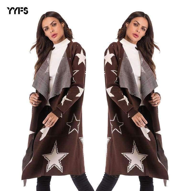 Planet Gates Brown / M Knitted Jacket Women's Wear 2018 Women's Loose Star Pattern Knitted Cardigan Long Coat V-neck Women Cardigan Streetwear