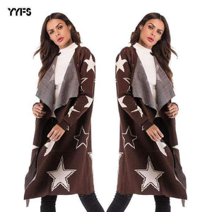 Planet Gates Brown / M Knitted Jacket Women's Wear 2018 Women's Loose Star Pattern Knitted Cardigan Long Coat V-neck Women Cardigan Streetwear