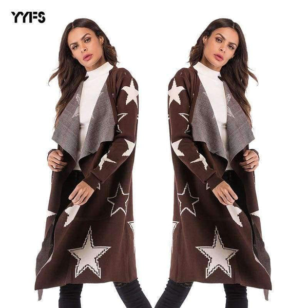 Planet Gates Brown / M Knitted Jacket Women's Wear 2018 Women's Loose Star Pattern Knitted Cardigan Long Coat V-neck Women Cardigan Streetwear