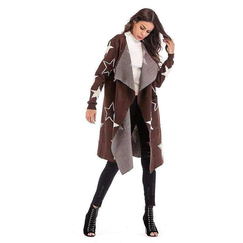 Planet Gates Brown / M Knitted Jacket Women's Wear 2018 Women's Loose Star Pattern Knitted Cardigan Long Coat V-neck Women Cardigan Streetwear