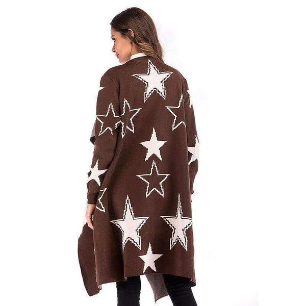 Planet Gates Brown / M Knitted Jacket Women's Wear 2018 Women's Loose Star Pattern Knitted Cardigan Long Coat V-neck Women Cardigan Streetwear