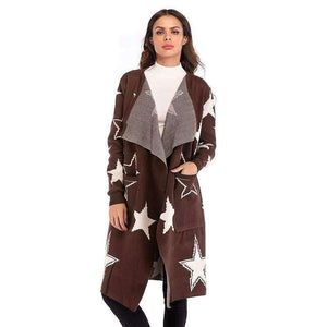 Planet Gates Brown / M Knitted Jacket Women's Wear 2018 Women's Loose Star Pattern Knitted Cardigan Long Coat V-neck Women Cardigan Streetwear