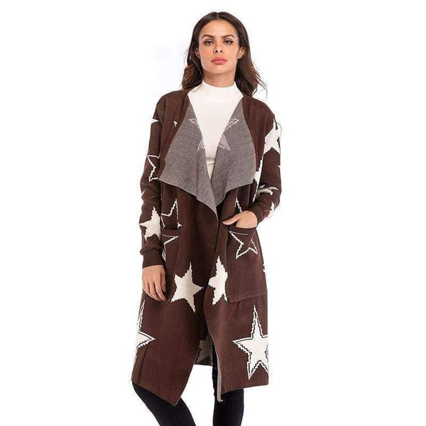 Planet Gates Brown / M Knitted Jacket Women's Wear 2018 Women's Loose Star Pattern Knitted Cardigan Long Coat V-neck Women Cardigan Streetwear