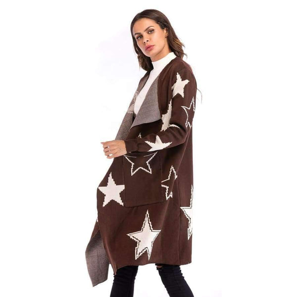 Planet Gates Brown / M Knitted Jacket Women's Wear 2018 Women's Loose Star Pattern Knitted Cardigan Long Coat V-neck Women Cardigan Streetwear