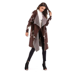 Planet Gates Brown / M Knitted Jacket Women's Wear 2018 Women's Loose Star Pattern Knitted Cardigan Long Coat V-neck Women Cardigan Streetwear