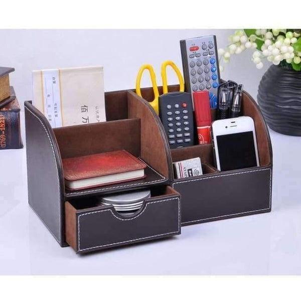 Planet Gates brown Multifunctional Wooden Leather Office Desk Stationery Pen Pencil Holder Case pen box Desktop Organizer accessories 201B