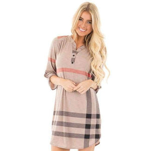 Planet Gates Brown / S M-anxiu Women's Western Style Autumn New Plaid Print Three Quarter V-neck Long-sleeved Temperament Generous Casual Dress