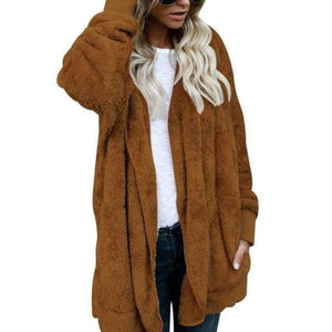 Planet Gates Brown / S New Year Spring Faux Fur Teddy Bear Coat Jacket Women Fashion Open Stitch Hooded Coat Female Long Sleeve Fuzzy Jacket