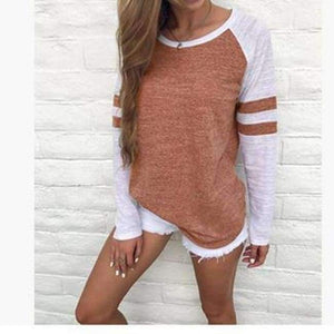 Planet Gates Brown / S Women Striped Splicing Baseball Tshirt 2018 Spring Autumn O Neck Long Sleeve Top Tees All Matched T Shirt Plus Size 5XL