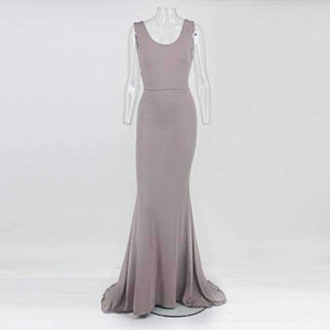 Planet Gates Brown / S Women Summer Round Neck Solid Sleeveless Backless Sexy Package Hip Bow Tie Bodycon Flounce Fishtail Long Dress Party Dress