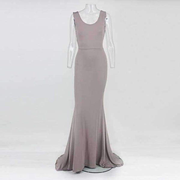 Planet Gates Brown / S Women Summer Round Neck Solid Sleeveless Backless Sexy Package Hip Bow Tie Bodycon Flounce Fishtail Long Dress Party Dress