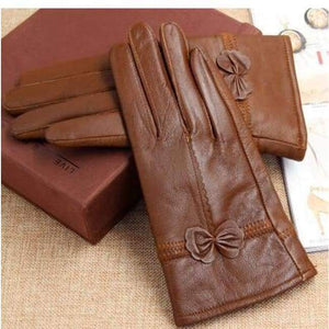 Planet Gates brown thick Leather sheepskin gloves quality genuine leather bow women's gloves thickening thin