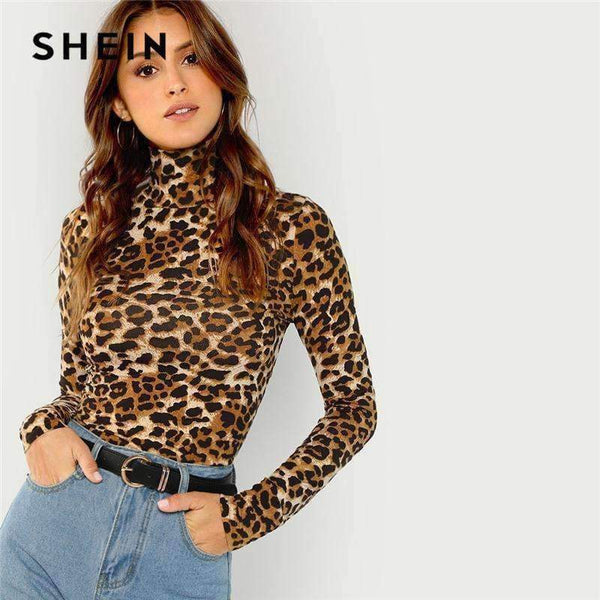 Planet Gates Brown / XS Brown Highstreet Office Lady High Neck Leopard Print Fitted Pullovers Long Sleeve Tee 2018 Autumn Casual Women T-shirt Top