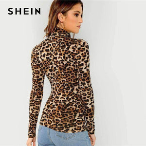 Planet Gates Brown / XS Brown Highstreet Office Lady High Neck Leopard Print Fitted Pullovers Long Sleeve Tee 2018 Autumn Casual Women T-shirt Top