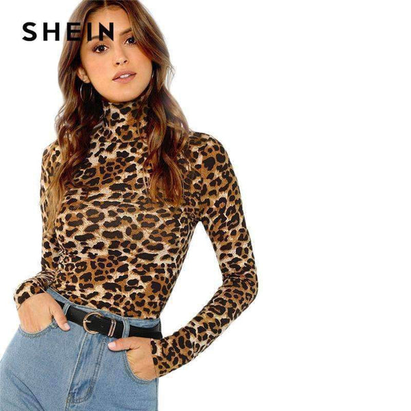 Planet Gates Brown / XS Brown Highstreet Office Lady High Neck Leopard Print Fitted Pullovers Long Sleeve Tee 2018 Autumn Casual Women T-shirt Top