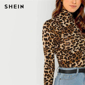 Planet Gates Brown / XS Brown Highstreet Office Lady High Neck Leopard Print Fitted Pullovers Long Sleeve Tee 2018 Autumn Casual Women T-shirt Top