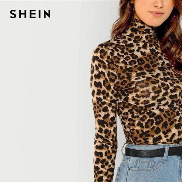 Planet Gates Brown / XS Brown Highstreet Office Lady High Neck Leopard Print Fitted Pullovers Long Sleeve Tee 2018 Autumn Casual Women T-shirt Top